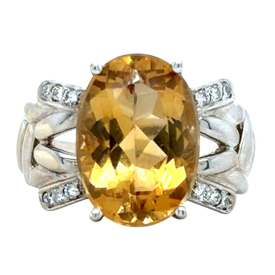 5.48ct Citrine & Diamonds 14k White Gold Ring 6.2g Size 7