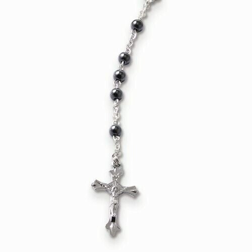 Silver-Tone Hematite Beads Rosary With Crucifix Pendant