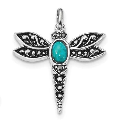 Sterling Silver Dragonfly Pendant Recon Turquoise & Marcasite