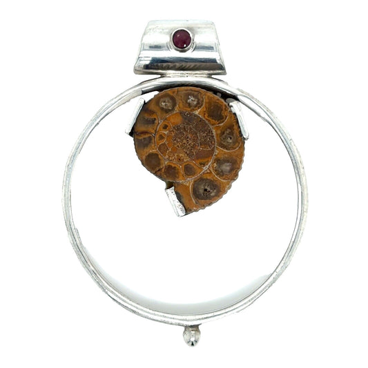Fossil Shell & Ruby Pendant 925 Sterling Silver 15.8g