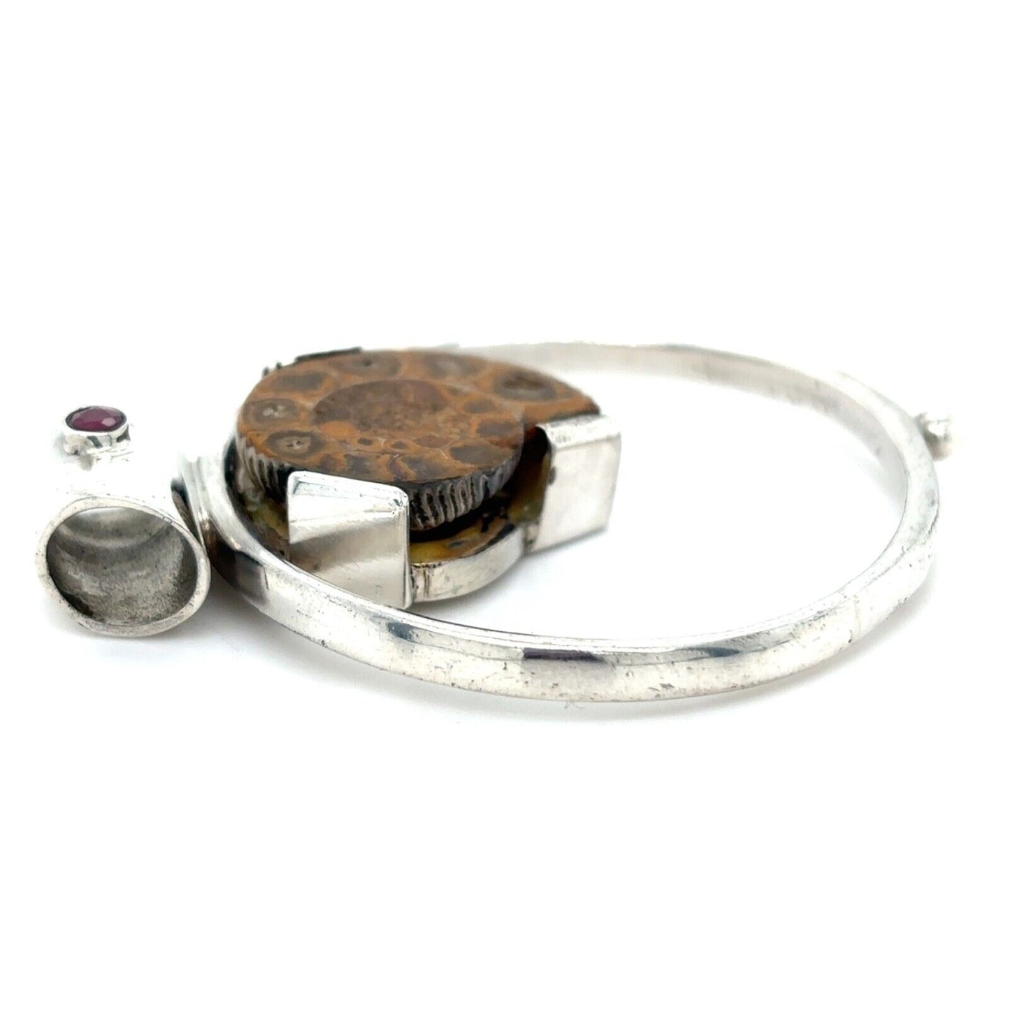 Fossil Shell & Ruby Pendant 925 Sterling Silver 15.8g