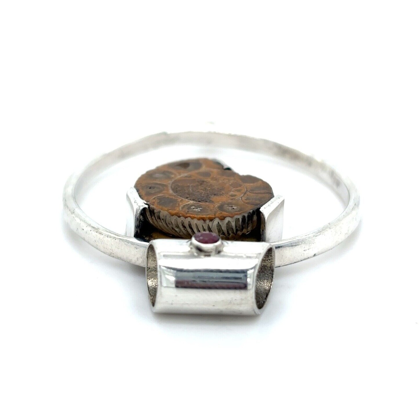Fossil Shell & Ruby Pendant 925 Sterling Silver 15.8g
