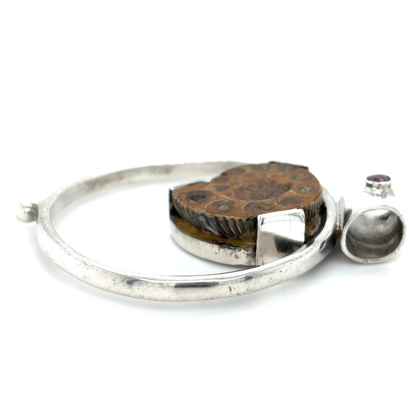 Fossil Shell & Ruby Pendant 925 Sterling Silver 15.8g