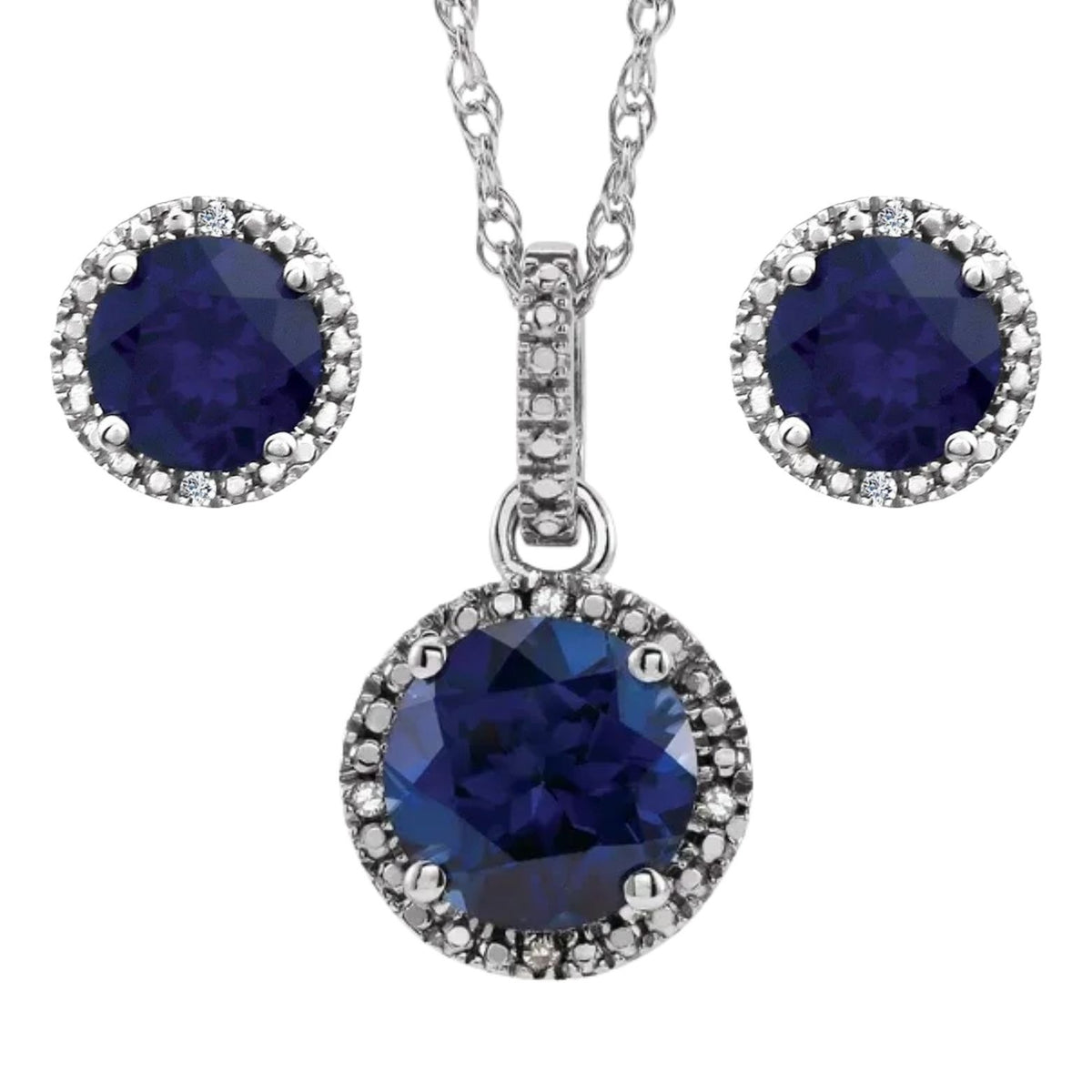 Sterling Silver Lab Grown Blue Sapphire & Diamond Halo Pendant Necklace 18" & Stud Earrings