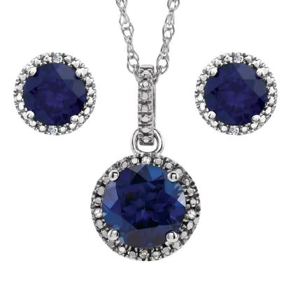 Sterling Silver Lab Grown Blue Sapphire & Diamond Halo Pendant Necklace 18" & Stud Earrings