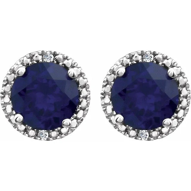 Sterling Silver Lab Grown Blue Sapphire & Diamond Halo Pendant Necklace 18" & Stud Earrings