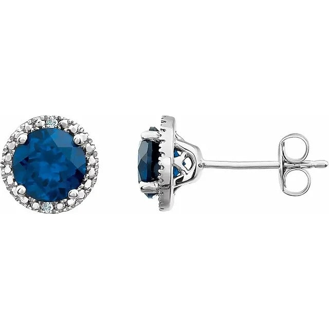 Sterling Silver Lab Grown Blue Sapphire & Diamond Halo Pendant Necklace 18" & Stud Earrings