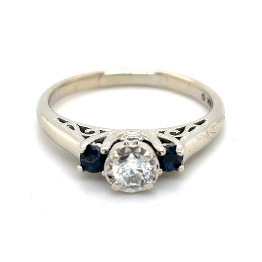 14k White Gold 1/7ct Diamond Solitaire & Sapphire Ring 2.6g Size 5.5