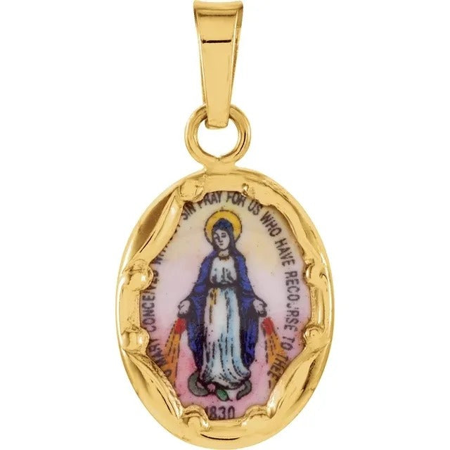 14K Yellow Gold 13x10mm Oval Hand Painted Miraculous Medal