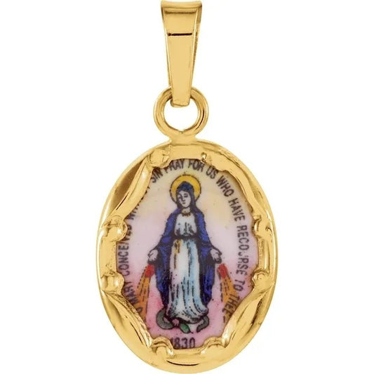 14K Yellow Gold 13x10mm Oval Hand Painted Miraculous Medal