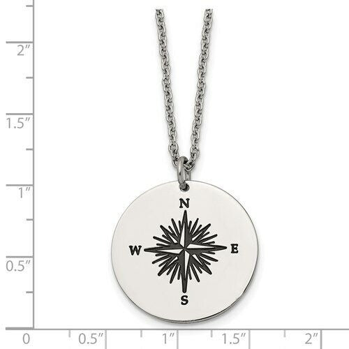 Stainless Steel Polished Enamel THOSE WHO WANDER Compass 22 in Long Necklace