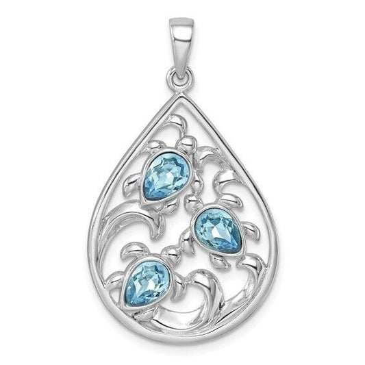 Sterling Silver Rhodium-plated Triple Crystal Turtle Ocean Wave Pendant