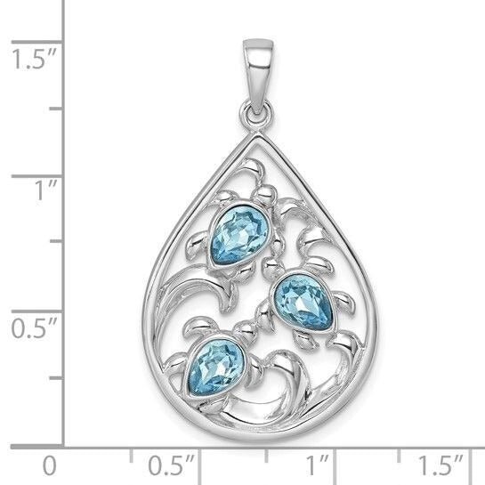 Sterling Silver Rhodium-plated Triple Crystal Turtle Ocean Wave Pendant