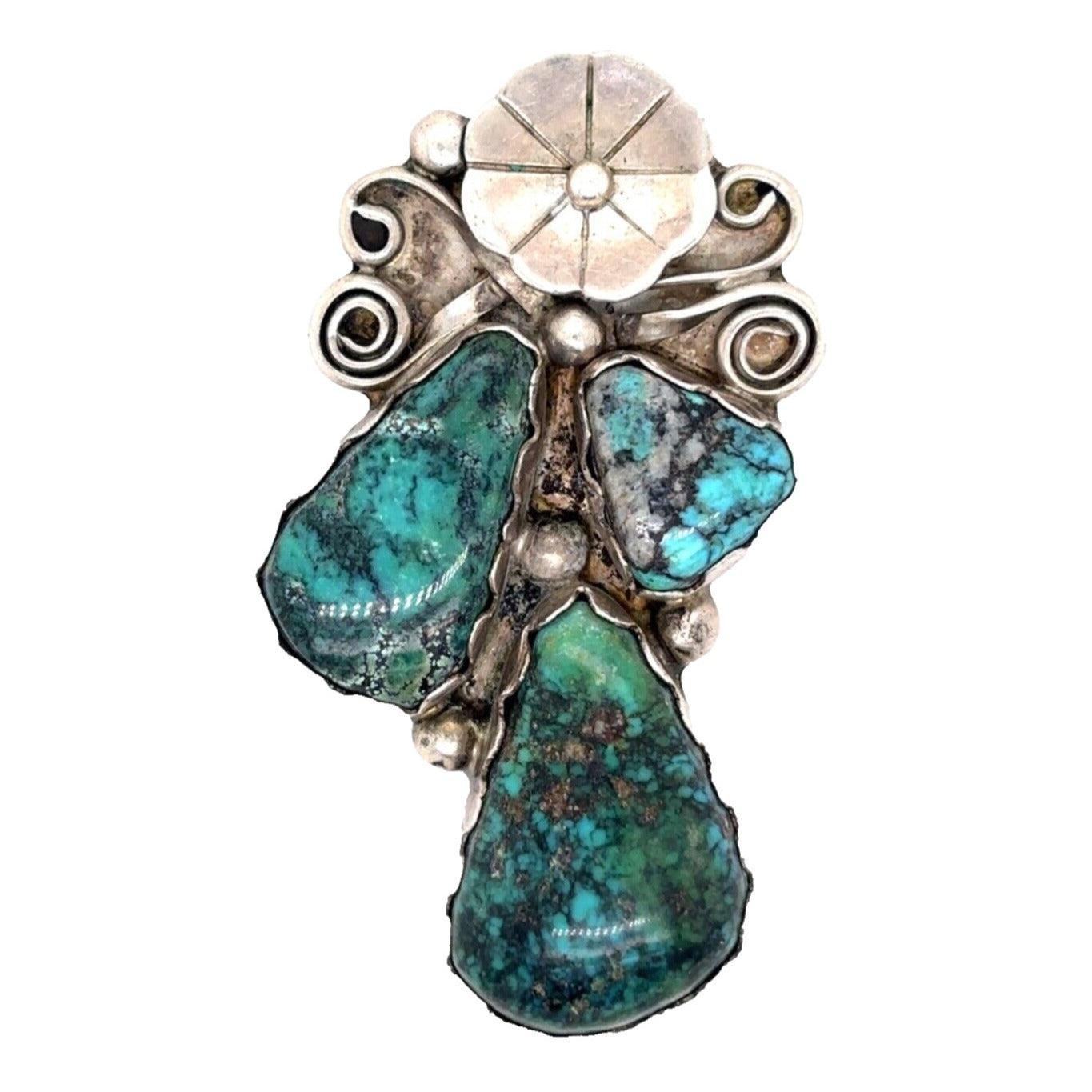 Vintage .925 Sterling Silver Turquoise Trio Pendant 1.9 Inch