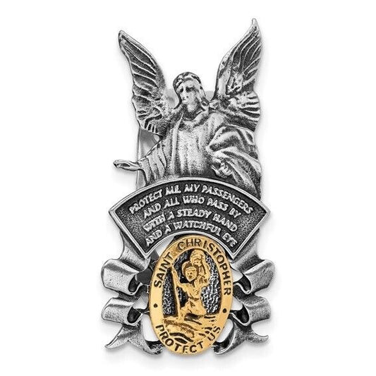 Pewter Finish and Gold-tone St Christopher and Guardian Angel Visor Clip