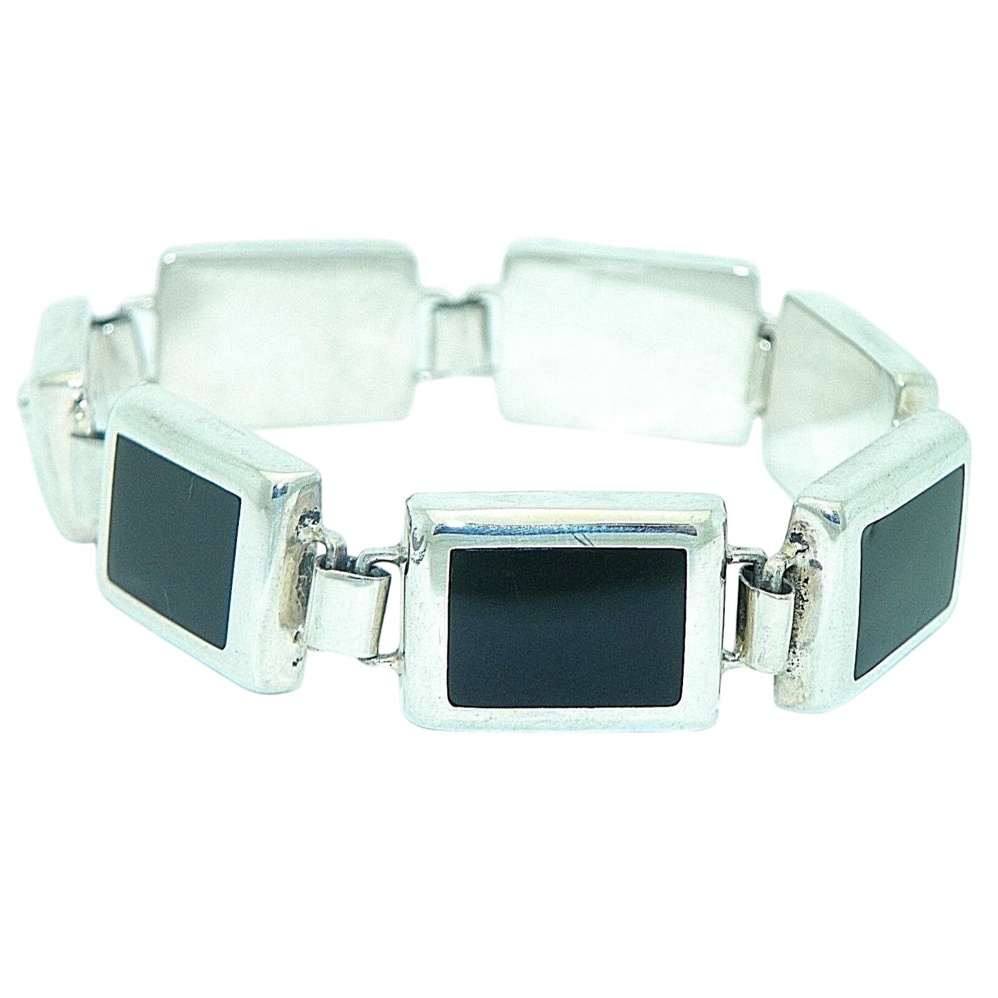 Sterling Silver & Onyx Bracelet 7 3/8" Long 33.5g 925 Rectangular Links