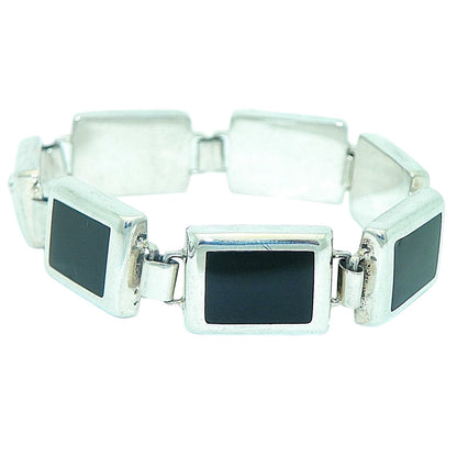 Sterling Silver & Onyx Bracelet 7 3/8" Long 33.5g 925 Rectangular Links