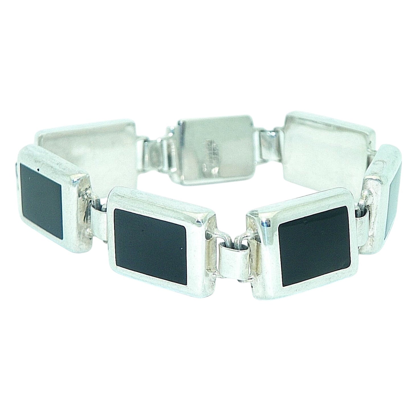 Sterling Silver & Onyx Bracelet 7 3/8" Long 33.5g 925 Rectangular Links