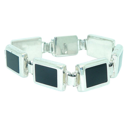 Sterling Silver & Onyx Bracelet 7 3/8" Long 33.5g 925 Rectangular Links