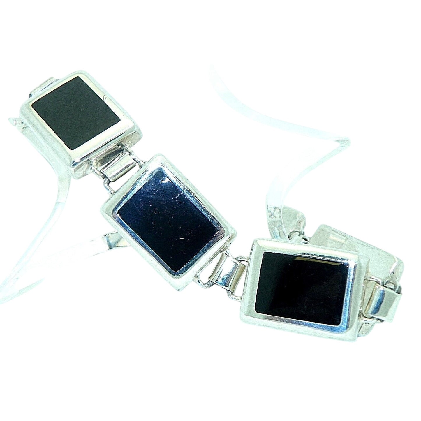 Sterling Silver & Onyx Bracelet 7 3/8" Long 33.5g 925 Rectangular Links