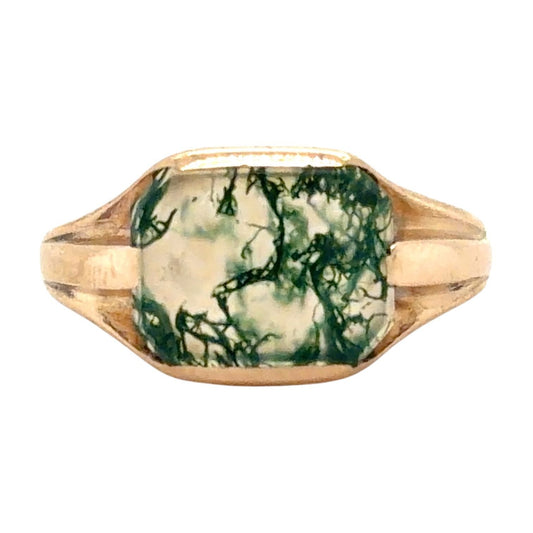 Vintage unique Moss Agate 10k Yellow Gold Ring 2.3 Size 5.75