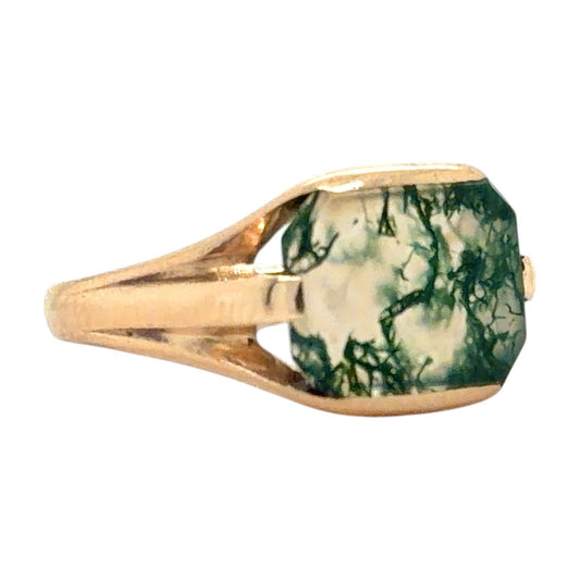 Vintage unique Moss Agate 10k Yellow Gold Ring 2.3 Size 5.75