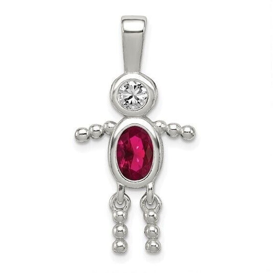 Sterling Silver Rhodium-plated CZ and Birthstone Red July Glass Boy Pendant