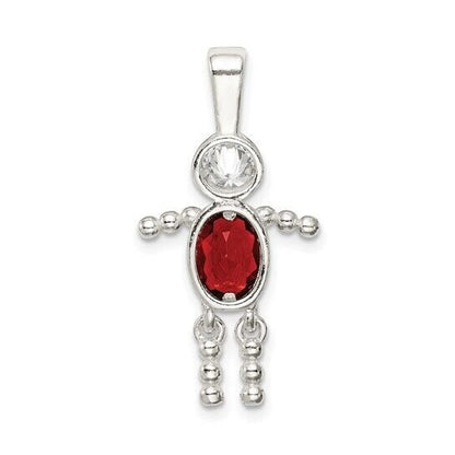 Sterling Silver Rhodium-plated CZ and Birthstone Red July Glass Boy Pendant