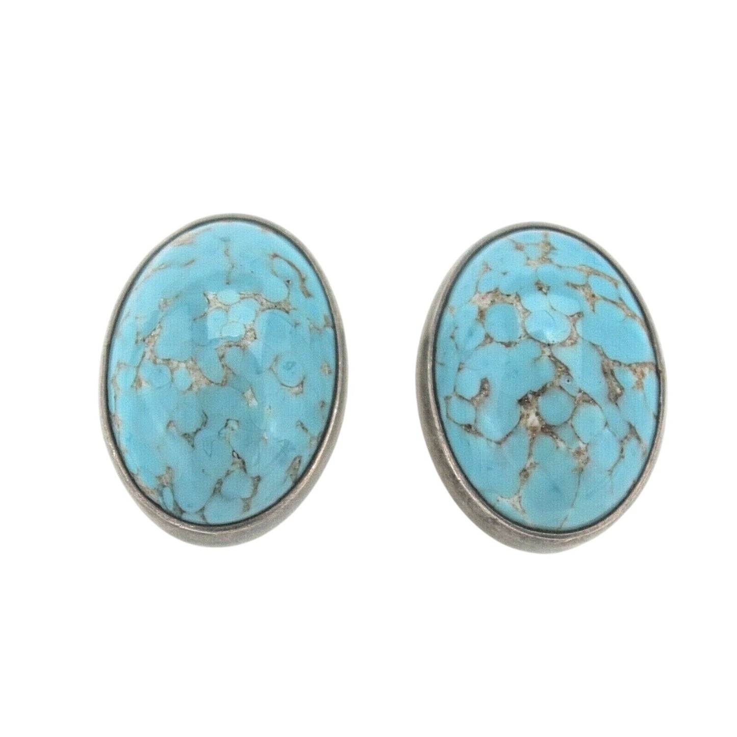Turquoise Oval Clip-On Earrings Solid Sterling Silver 925 Non-Pierced 20.7g Vintage Style