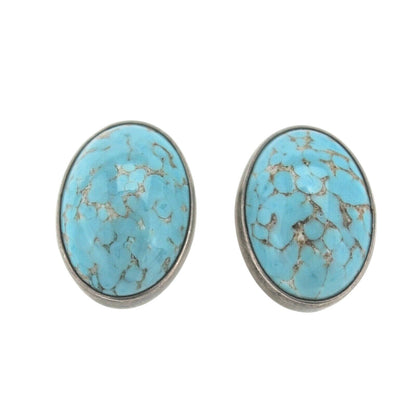 Turquoise Oval Clip-On Earrings Solid Sterling Silver 925 Non-Pierced 20.7g Vintage Style
