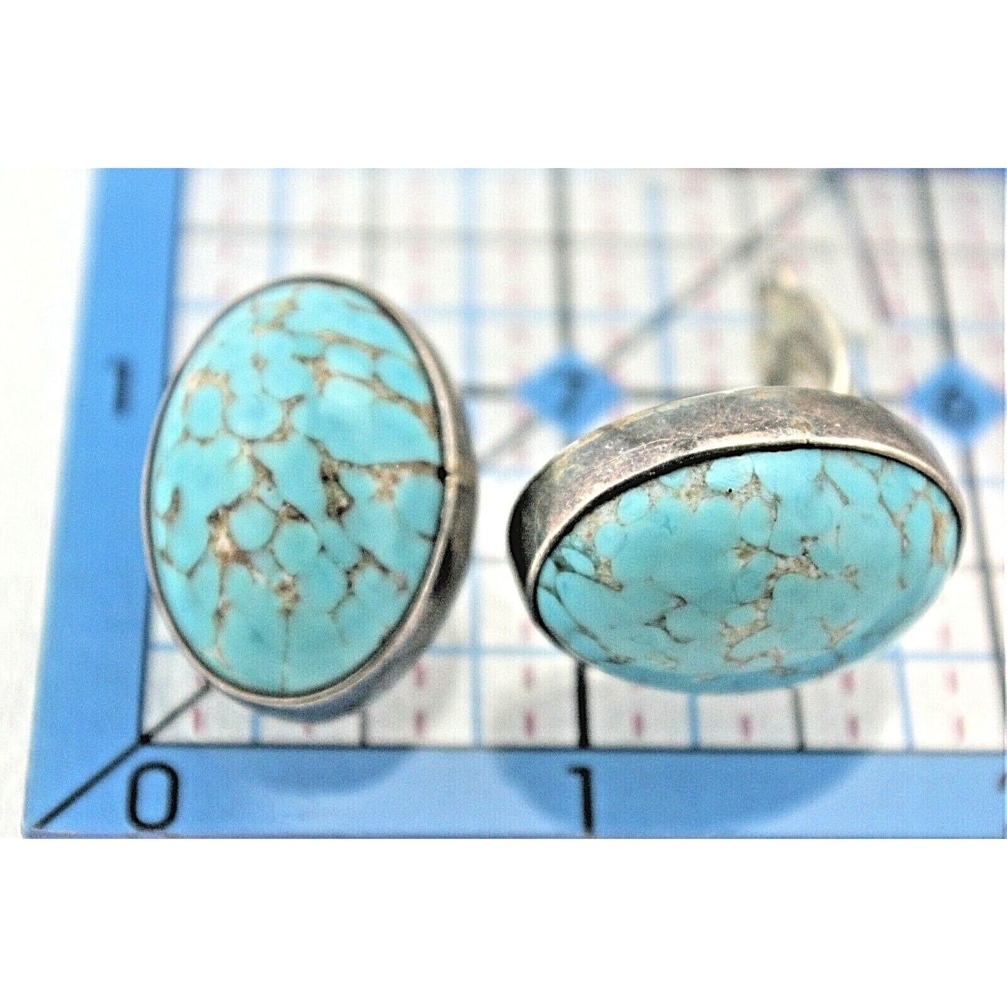 Turquoise Oval Clip-On Earrings Solid Sterling Silver 925 Non-Pierced 20.7g Vintage Style
