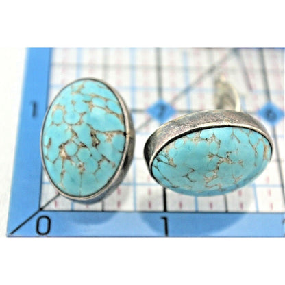 Turquoise Oval Clip-On Earrings Solid Sterling Silver 925 Non-Pierced 20.7g Vintage Style