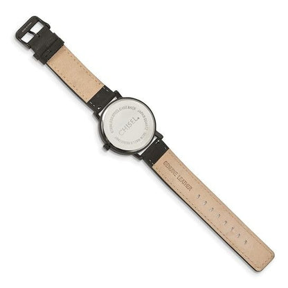 Chisel Matte Black Ip-Plated Blue Dial Mens Wrist Watch With Leather Strap