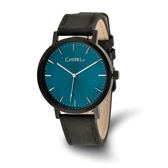 Chisel Matte Black Ip-Plated Blue Dial Mens Wrist Watch With Leather Strap