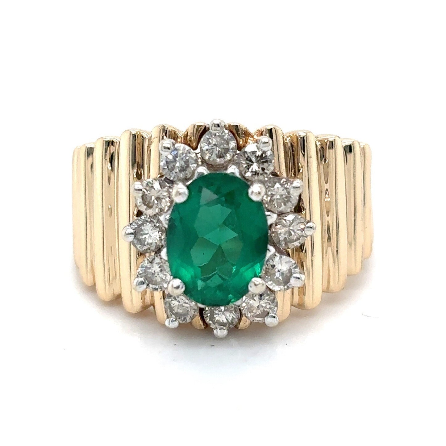 Imitation Emerald Solitaire & 1/2ct Diamond 14K Yellow Gold Ring 5.8g Size 5