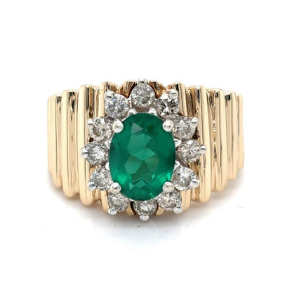 Imitation Emerald Solitaire & 1/2ct Diamond 14K Yellow Gold Ring 5.8g Size 5