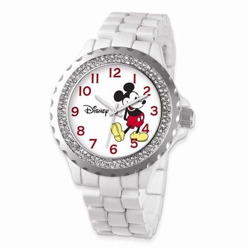 Disney Adult Size White Band With Crystal Bezel Mickey Mouse Watch