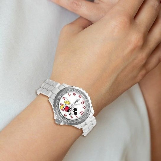 Disney Adult Size White Band With Crystal Bezel Mickey Mouse Watch