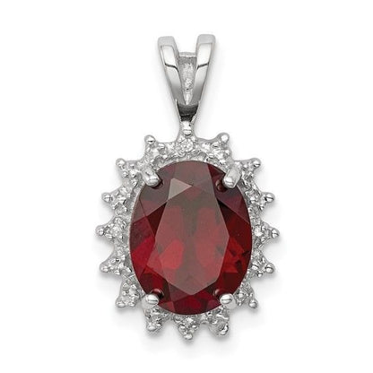 Sterling Silver Garnet & Diamond Oval Pendant
