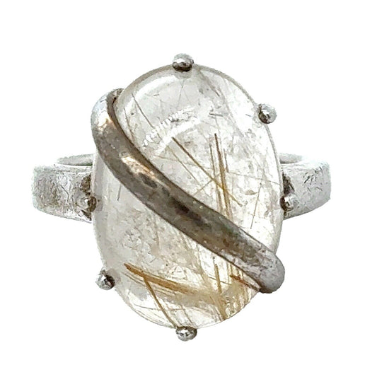 Clear and Yellow Rutilated Quartz Sterling Silver Size 6.75 Ring 7.6g