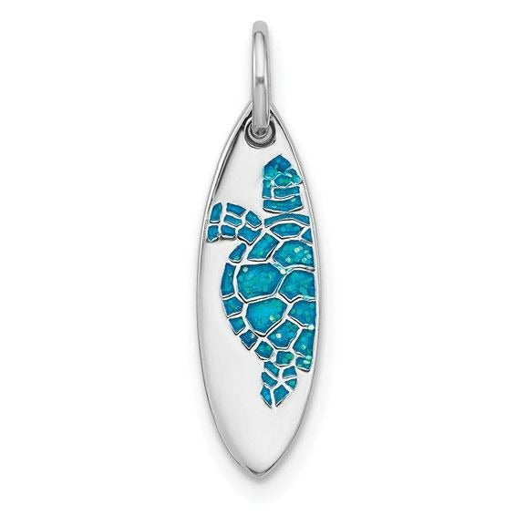 Sterling Silver 925 Rhodium Plated Turtle Pendant Blue Enamel