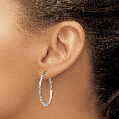 Sterling Silver Rhodium-Plated Diamond-Cut Hoop Earrings 32mm