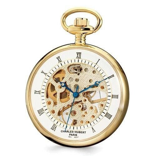 Charles-Hubert Paris Gold-Finish Brass Open Face Pocket Watch Roman Numerals Skeleton Dial 14.5 In Chain Included