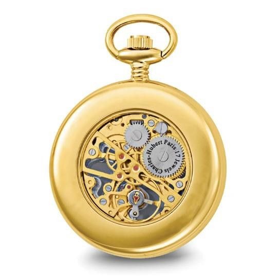 Charles-Hubert Paris Gold-Finish Brass Open Face Pocket Watch Roman Numerals Skeleton Dial 14.5 In Chain Included