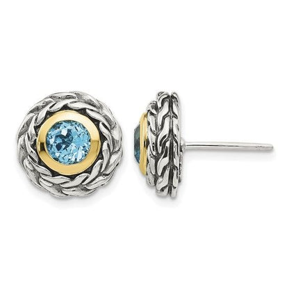 Sterling Silver & 14K Accent Antiqued Swiss Blue Topaz Earrings