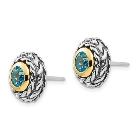 Sterling Silver & 14K Accent Antiqued Swiss Blue Topaz Earrings
