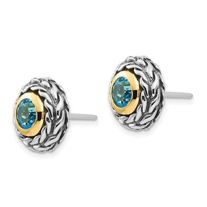 Sterling Silver & 14K Accent Antiqued Swiss Blue Topaz Earrings