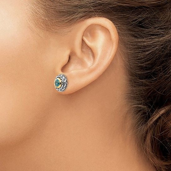 Sterling Silver & 14K Accent Antiqued Swiss Blue Topaz Earrings