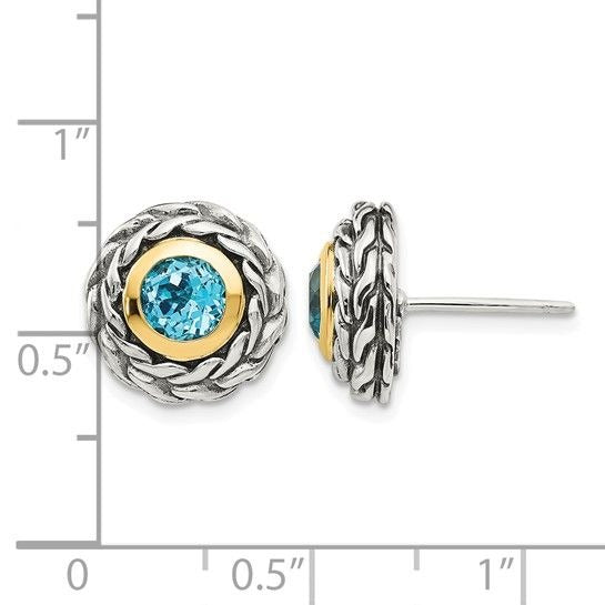 Sterling Silver & 14K Accent Antiqued Swiss Blue Topaz Earrings