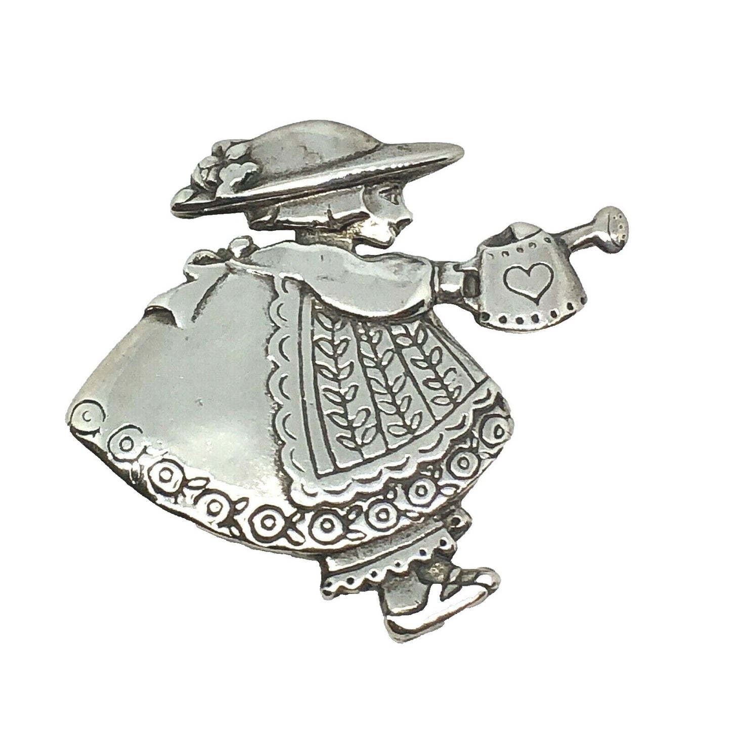 Sterling Silver Colonial Girl Gardening Day Pin Brooch 925 Vintage Design 12.2g